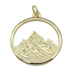 copper circle pendant with mountain, gold plated, approx 25mm dia
