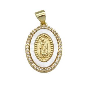 copper Virgin Mary pendant paved zircon, shell, gold plated, approx 15-20mm