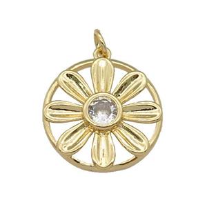 copper Daisy flower pendant paved zircon, gold plated, approx 20mm dia