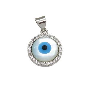 copper circle pendant paved zircon with Pearlized Shell Evil Eye, platinum plated, approx 14mm dia