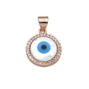 copper circle pendant paved zircon with Pearlized Shell Evil Eye, rose gold, approx 14mm dia