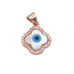 copper clover pendant paved zircon with Pearlized Shell Evil Eye, rose gold, approx 14mm