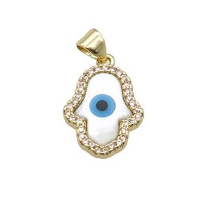 copper hand pendant paved zircon with Pearlized Shell Evil Eye, gold plated, approx 14-17mm
