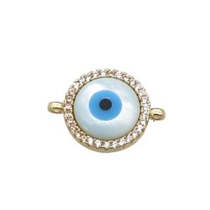copper circle connector paved zircon with Pearlized Shell Evil Eye, gold plated, approx 14mm dia