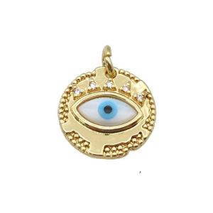 copper circle pendant paved zircon with Pearlized Shell Evil Eye, gold plated, approx 14mm dia