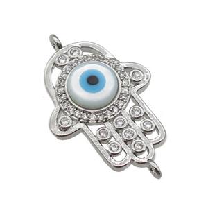 copper hand connector paved zircon with Pearlized Shell Evil Eye, platinum plated, approx 16-20mm