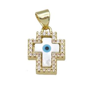 copper cross pendant paved zircon with Pearlized Shell Evil Eye, gold plated, approx 11-13mm