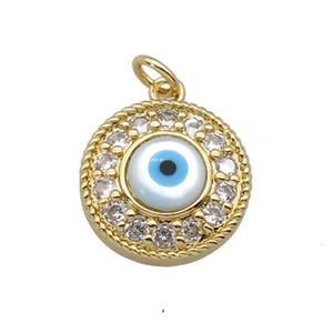 copper circle pendant paved zircon with Pearlized Shell Evil Eye, gold plated, approx 15mm dia