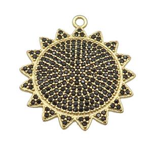 copper Sunflower pendant paved black zircon, gold plated, approx 26mm dia