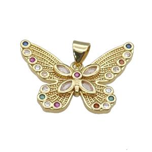 copper Butterfly pendant paved zircon, gold plated, approx 19-27mm
