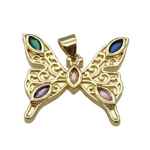 copper Butterfly pendant paved zircon, gold plated, approx 22-24mm