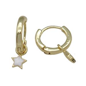 copper Hoop Earring with white enamel star, gold plated, approx 5.5mm, 13mm dia