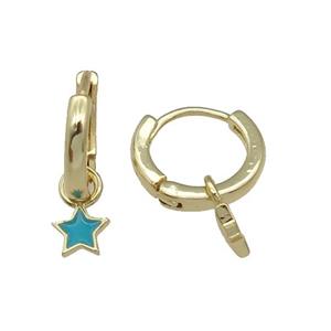copper Hoop Earring with teal enamel star, gold plated, approx 5.5mm, 13mm dia