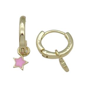 copper Hoop Earring with pink enamel star, gold plated, approx 5.5mm, 13mm dia