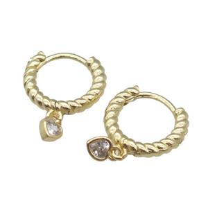 copper Hoop Earring with heart paved zircon, gold plated, approx 4mm, 13.5mm dia