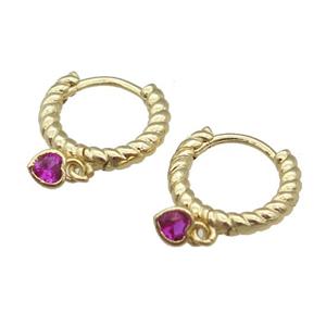 copper Hoop Earring with heart paved hotpink zircon, gold plated, approx 4mm, 13.5mm dia