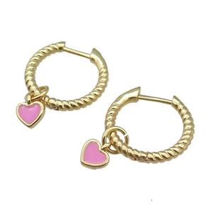 copper Hoop Earring with pink enamel heart, gold plated, approx 5.5mm, 13mm dia