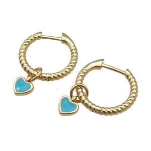 copper Hoop Earring with teal enamel heart, gold plated, approx 5.5mm, 13mm dia