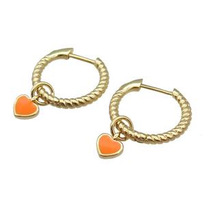 copper Hoop Earring with orange enamel heart, gold plated, approx 5.5mm, 13mm dia