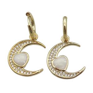 copper Hoop Earring with Moon paved zircon, white enamel heart, gold plated, approx 15-17mm, 12mm dia