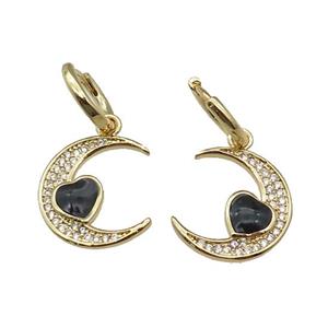 copper Hoop Earring with Moon paved zircon, black enamel heart, gold plated, approx 15-17mm, 12mm dia