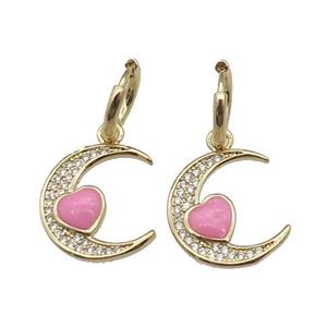copper Hoop Earring with Moon paved zircon, pink enamel heart, gold plated, approx 15-17mm, 12mm dia