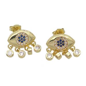 copper Stud Earring paved zircon, Eye, gold plated, approx 14-15mm