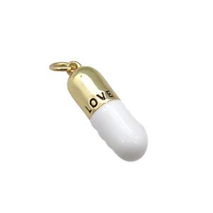copper Pill Charm pendant with white enamel, LOVE, gold plated, approx 6-19mm