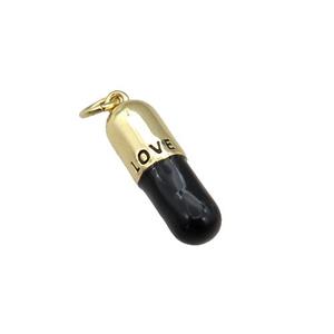 copper Pill Charm pendant with black enamel, LOVE, gold plated, approx 6-19mm