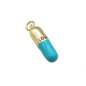 copper Pill Charm pendant with teal enamel, LOVE, gold plated, approx 6-19mm