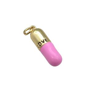 copper Pill Charm pendant with pink enamel, LOVE, gold plated, approx 6-19mm