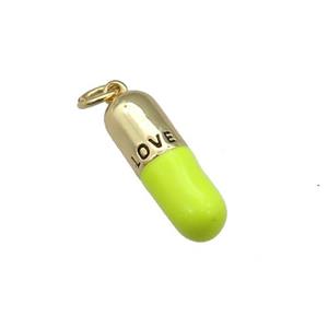 copper Pill Charm pendant with yellow enamel, LOVE, gold plated, approx 6-19mm
