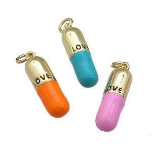 copper Pill Charm pendant with enamel, LOVE, gold plated, mixed, approx 6-19mm