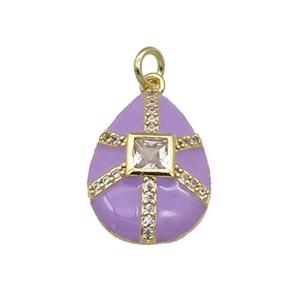 copper teardrop pendant paved zircon, purple enamel, gold plated, approx 14-19mm