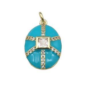 copper oval pendant paved zircon, teal enamel, gold plated, approx 14-19mm