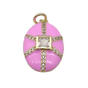 copper oval pendant paved zircon, pink enamel, gold plated, approx 14-19mm