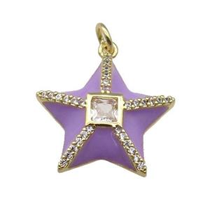 copper star pendant paved zircon, purple enamel, gold plated, approx 20mm