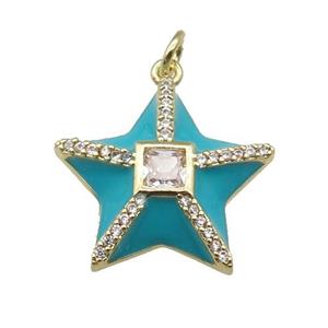 copper star pendant paved zircon, teal enamel, gold plated, approx 20mm