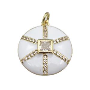 copper circle pendant paved zircon, white enamel, gold plated, approx 19mm dia