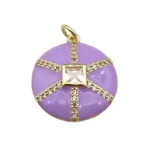 copper circle pendant paved zircon, purple enamel, gold plated, approx 19mm dia