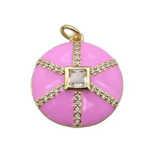 copper circle pendant paved zircon, pink enamel, gold plated, approx 19mm dia