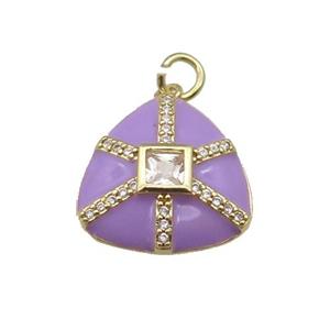 copper triangle pendant paved zircon, purple enamel, gold plated, approx 17.5mm