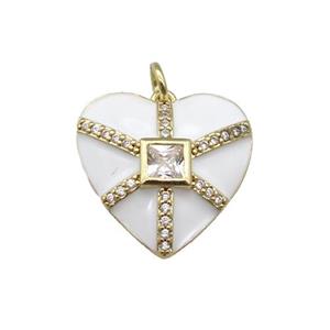 copper heart pendant paved zircon, white enamel, gold plated, approx 19mm