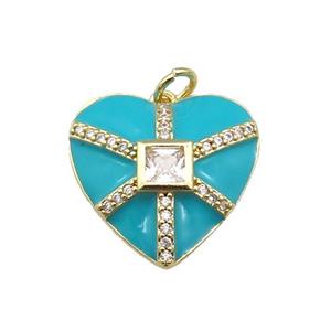 copper heart pendant paved zircon, teal enamel, gold plated, approx 19mm
