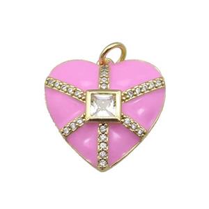 copper heart pendant paved zircon, pink enamel, gold plated, approx 19mm