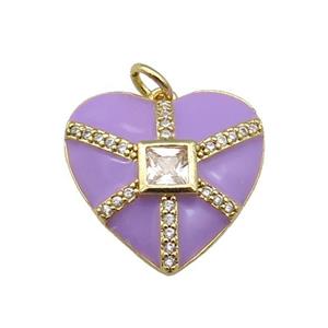 copper heart pendant paved zircon, purple enamel, gold plated, approx 19mm