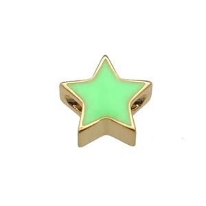 copper Star beads with green enamel, gold plated, approx 10mm