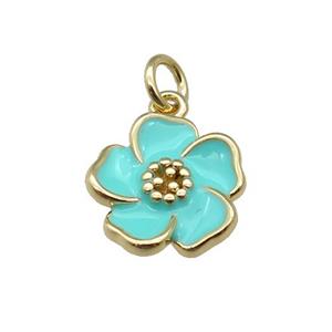 copper Flower pendant with teal enamel, gold plated, approx 13mm