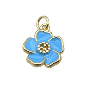 copper Flower pendant with blue enamel, gold plated, approx 13mm