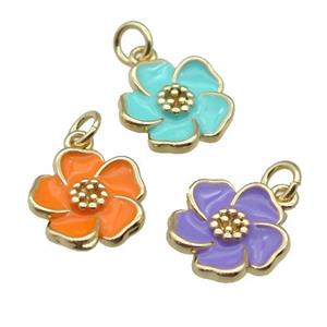 copper Flower pendant with enamel, gold plated, mixed, approx 13mm